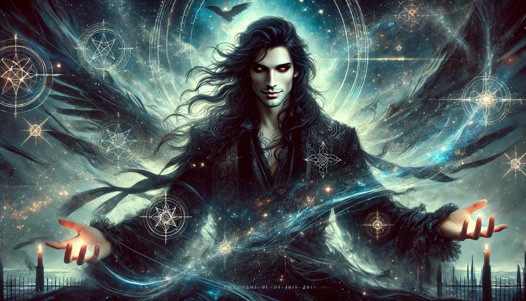 DALL E 2025 03 20 22.44.09 A wide format digital painting depicting Lucifer as the ultimate tempter. He appears as a mesmerizing darkly beautiful figure with flowing black hair 1
